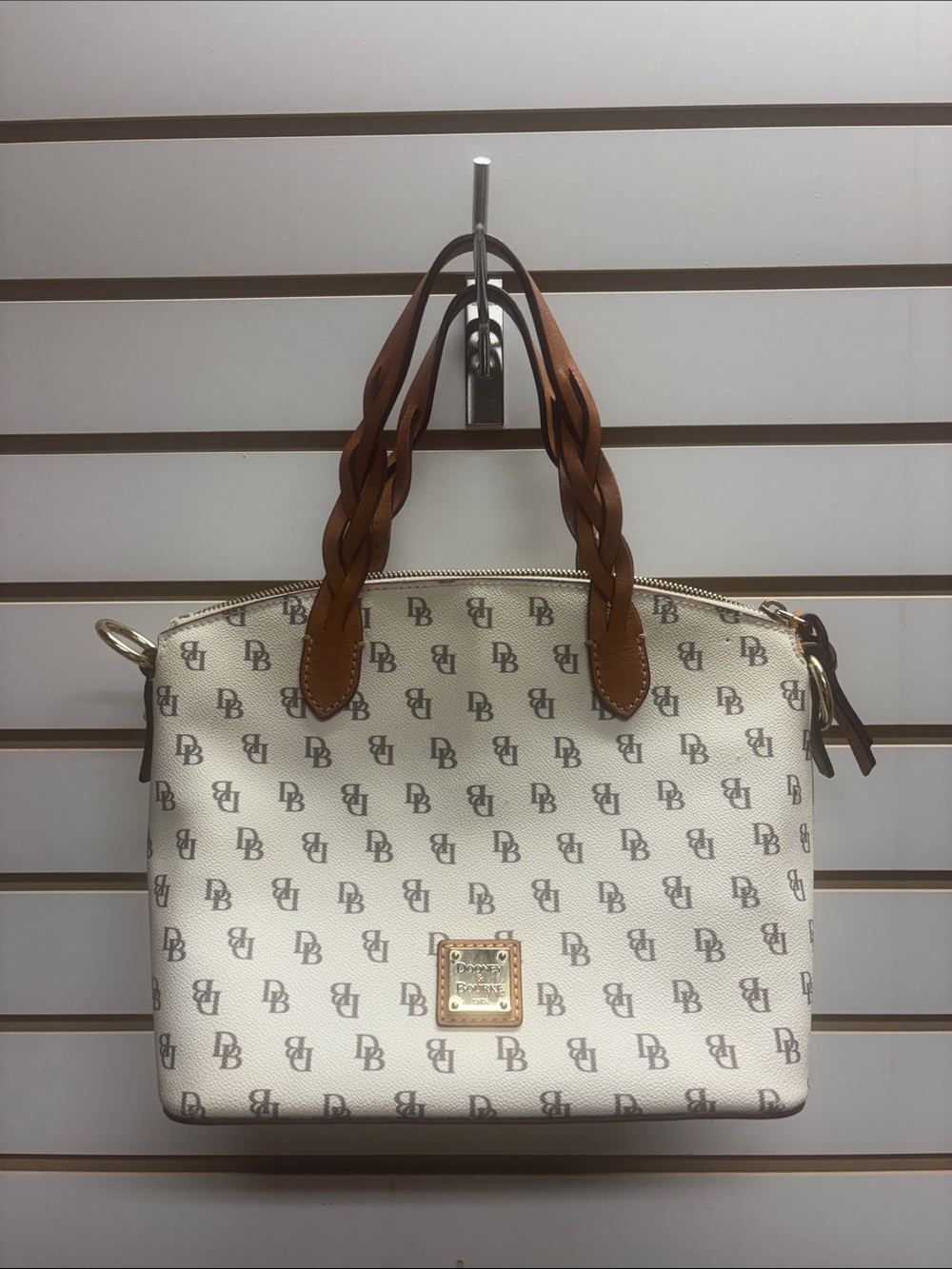 Dooney & Bourke Cream Logo Satchel with Brown Braided Handles